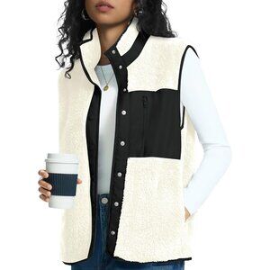 Vests for Women Lightweight Stand Collar Sherpa Fuzzy Fleece Vest Buttoned Sleev